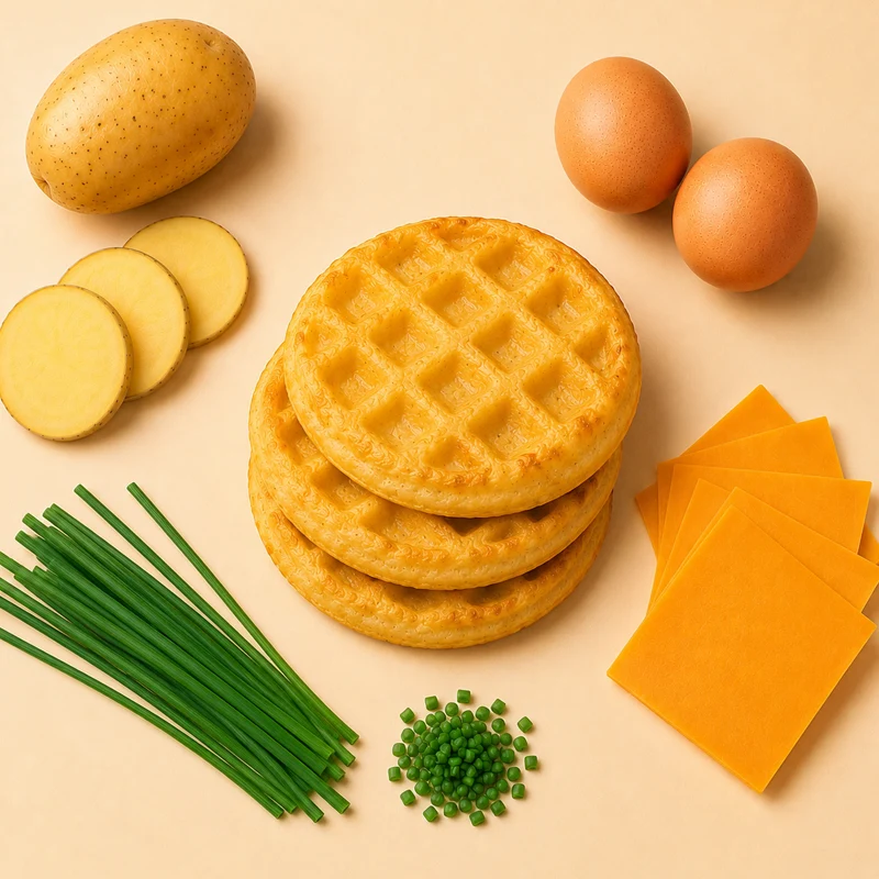 A savory waffle crafted from equal parts potatoes, cheddar cheese, and eggs — with no batter added — finished with a touch of chives. Ideal for creating your own breakfast sandwich or custom creation. Great for low-carb lifestyles.