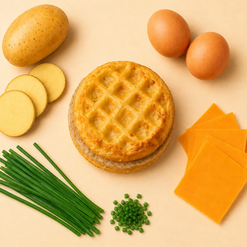 A savory waffle crafted from equal parts potatoes, cheddar cheese, and eggs — with no batter added — finished with a touch of chives and paired with a flavorful chicken sausage patty. All your breakfast favorites in one irresistible bite! Great for low-carb lifestyles.