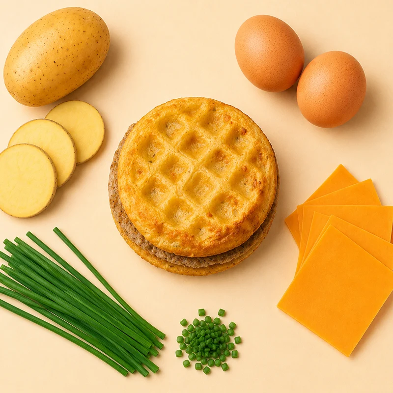 A savory waffle crafted from equal parts potatoes, cheddar cheese, and eggs — with no batter added — finished with a touch of chives and paired with a flavorful sausage patty. All your breakfast favorites in one irresistible bite! Great for low-carb lifestyles.