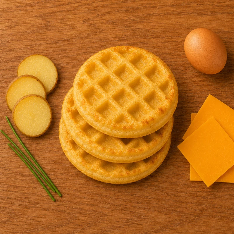 A savory waffle crafted from equal parts potatoes, cheddar cheese, and eggs — with no batter added — finished with a touch of chives. Ideal for creating your own breakfast sandwich or custom culinary creation. With just 6g of carbs, 90 calories, zero added sugars, and 5g of protein per serving, it's a flavorful option for low-carb lifestyles.
