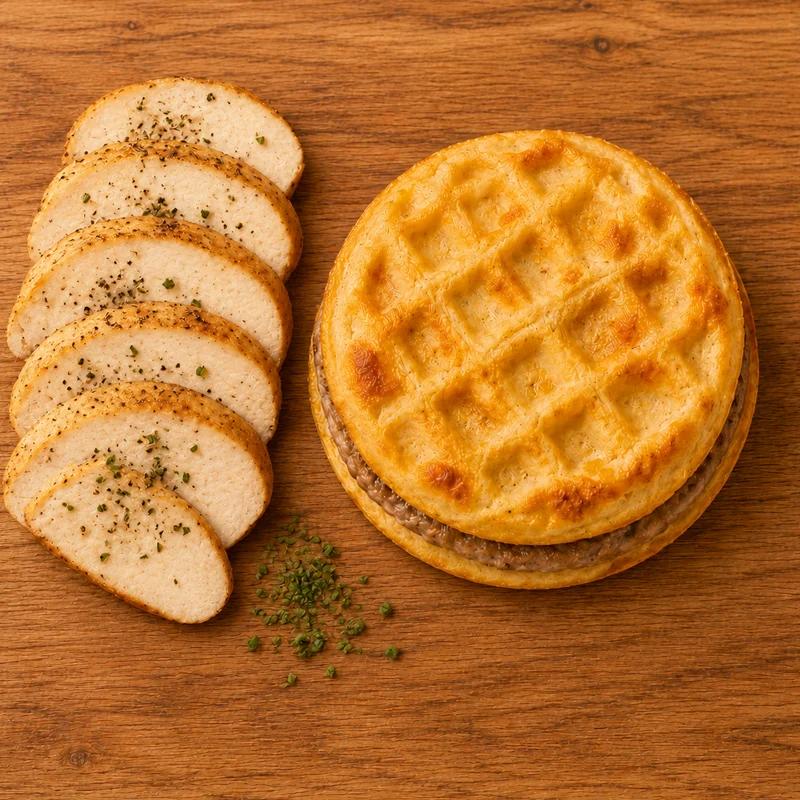 A savory waffle made from equal parts potatoes, cheddar cheese, and eggs—with no flour or batter added—seasoned with a touch of chives and paired with a flavorful chicken sausage patty. Packed with 18g of protein, this satisfying breakfast sandwich delivers all your morning favorites in one delicious bite. With just 12g of carbs, less than 1g of sugar, a gluten-free recipe, and only 260 calories per sandwich, it's a crave-worthy option for those seeking great taste without compromise.
